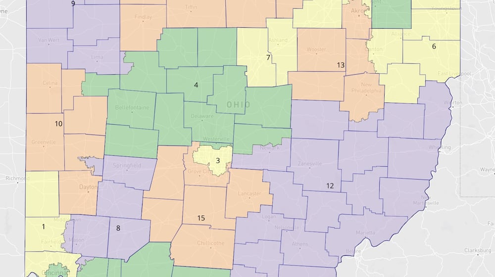 Ohio launched a new website this week allowing residents to upload their own suggested congressional maps as the state embarks on a constitutionally mandated redistricting process. This map, downloaded through the state's website, was submitted by Brian Hartfield on Sept. 2, 2025.